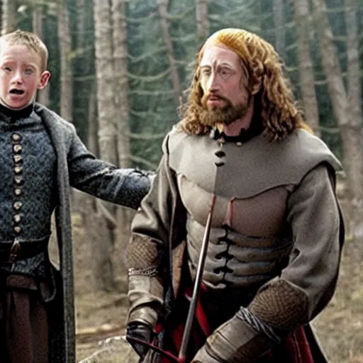 Image similar to movie still of hugh jackman as wilhelm tell and macaulay culkin as his son. scene of tell shooting arrow from the head of his son, in the style of lord of the rings