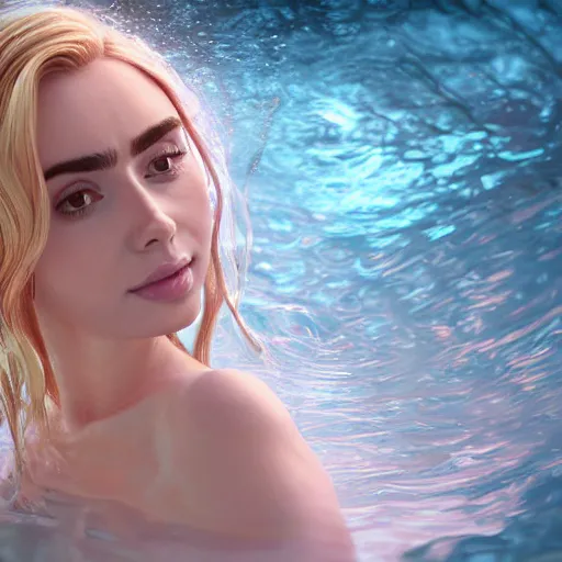 Image similar to a beautiful blonde queen girl lily collins, floating under the deep dream water, beautiful smooth soft light + white petal, oil paint, octane render, unreal engine 5, closeup, 4 k, highly detailed, instagram,