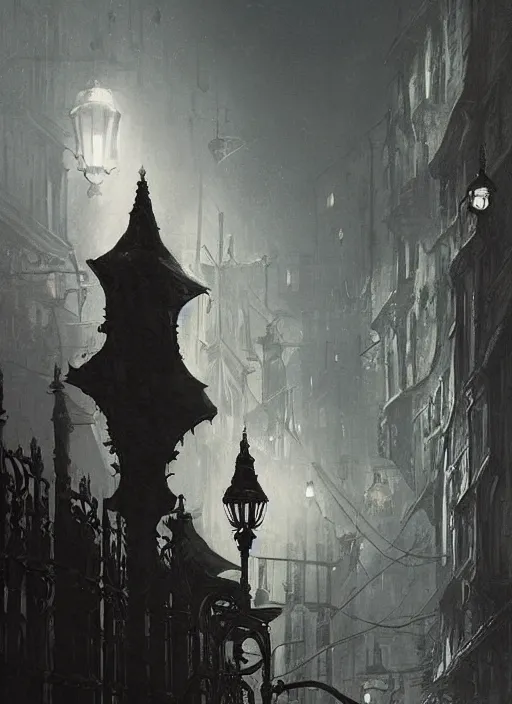 Image similar to A vampire lurks in the shadows of Victorian city in the night, illuminated by gas lamps, hyperdetailed, HD artwork from Artstation, by Greg Rutkowski and Gustav Klint