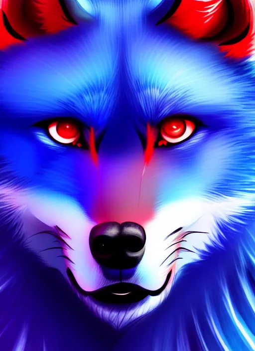 Image similar to blue wolf with red eyes, blue fur highly detailed, deep focus, digital painting, smooth, sharp focus, anime art style, trending on artstation, 4 k