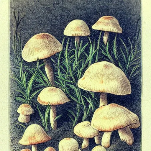 Image similar to mushrooms lithograph by adolphe millot