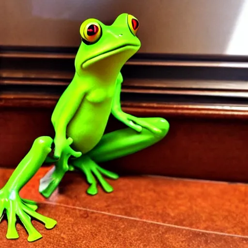 Prompt: a small frog standing on two feet at the hotel reception entry, storybook style