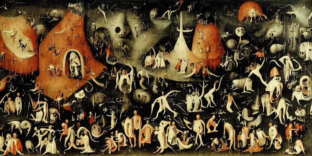 Prompt: A scene from hell, Hieronymus Bosch painting style.