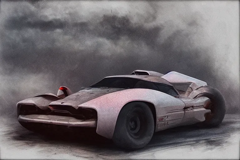 Image similar to hypercar in mad max, painted by hector garrido and derek riggs, trending on artstation, volumetric lighting rear view profile picture, daguerreotype, still life, figurativism, socialist realism