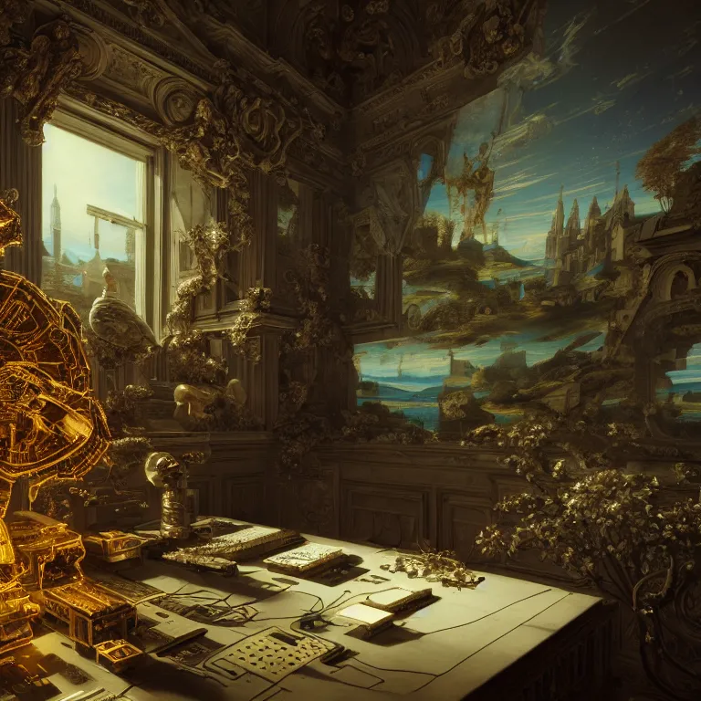 Image similar to motherboard, chip circuit, computer, dream - like atmosphere, baroque landscape painting, perfect composition, beautiful detailed intricate insanely detailed octane render trending on artstation, 8 k artistic photography, photorealistic, soft natural volumetric cinematic perfect light, chiaroscuro, award - winning photograph, masterpiece, raphael, caravaggio, greg rutkowski, beeple