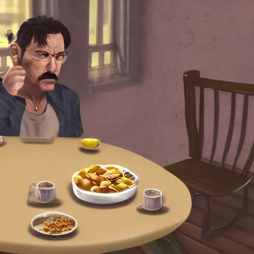 Image similar to jc denton from deus ex eats cereal at a table, liberty island, high quality, photorealistic, highly detailed face, 4 k, hd