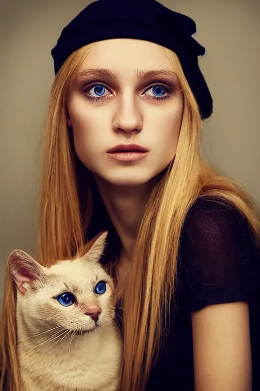 Prompt: photo realistic portrait of a blonde hair blue eyed teenage girl, sharp jawline seductive pose, Teary-eyed, makeup with a cat close to her. Photography portrait by Paolo Roversi