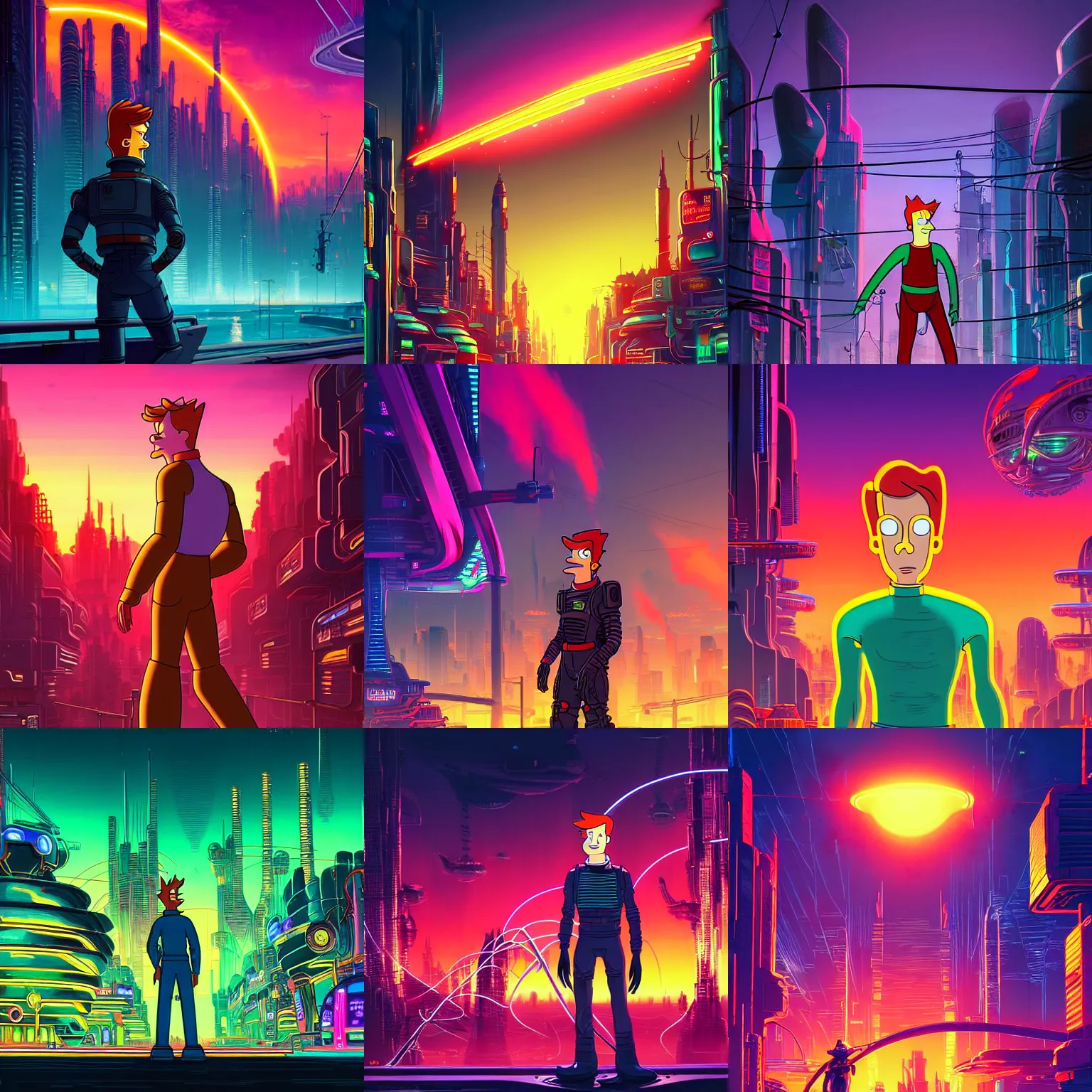 Prompt: philip j. fry in full growth from futurama inside an scifi tentacles wires futuristic city, beautiful neon sunset, cinematic, highly detailed, photorealistic, rich bright colors, trending on artstation, giger, tsutomu nihei, trending on cgsociety, awe inspiring bruce pennington cityscape, digital art painting of 1 9 6 0 s