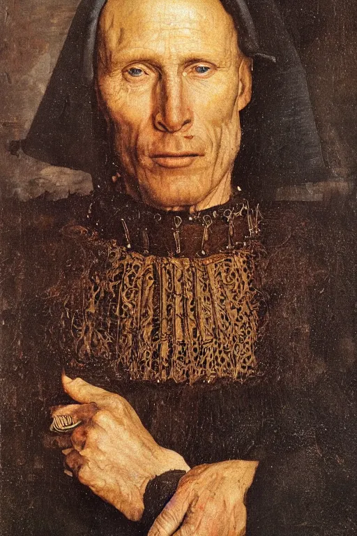 Image similar to portrait of ed harris, oil painting by jan van eyck, northern renaissance art, oil on canvas, wet - on - wet technique, realistic, expressive emotions, intricate textures, illusionistic detail