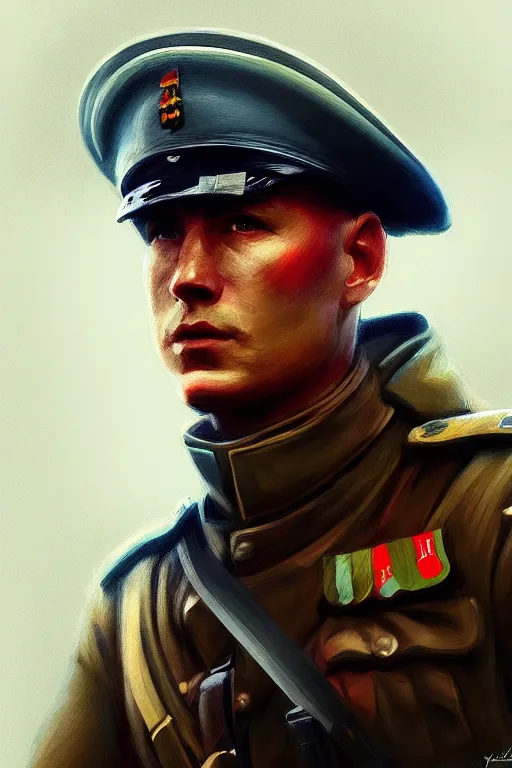 Prompt: concept art by jama jurabaev, cel shaded, cinematic shot, trending on artstation, high quality, brush stroke, hyperspace, vibrant colors, portrait of world war 1 soldier, battlefield 1