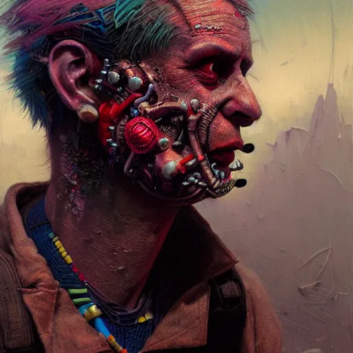 Prompt: detailed character concept art portrait of a vibrantly dressed apocalyptic punk man on a depth of field background, artstation, award - winning realistic sci - fi concept art by jim burns and greg rutkowski, beksinski, a realism masterpiece, complimentary color palette, james gilleard, bruegel, alphonse mucha, and yoshitaka amano