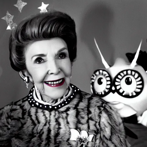 Prompt: photograph of nancy reagan dressed as the cheshire cat, twilight, 1 2 mm zeiss,