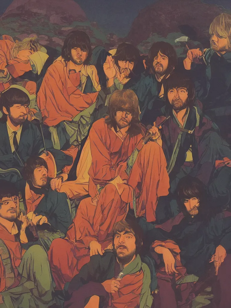 Prompt: an close up of the beatles as a characters from the lord of the rings, taking mind altering drugs, dreaming psychedelic hallucinations in the vast mordor landscape, by kawase hasui, moebius, edward hopper, colorful flat surreal design, dramatic lighting, hd, 8 k, artstation