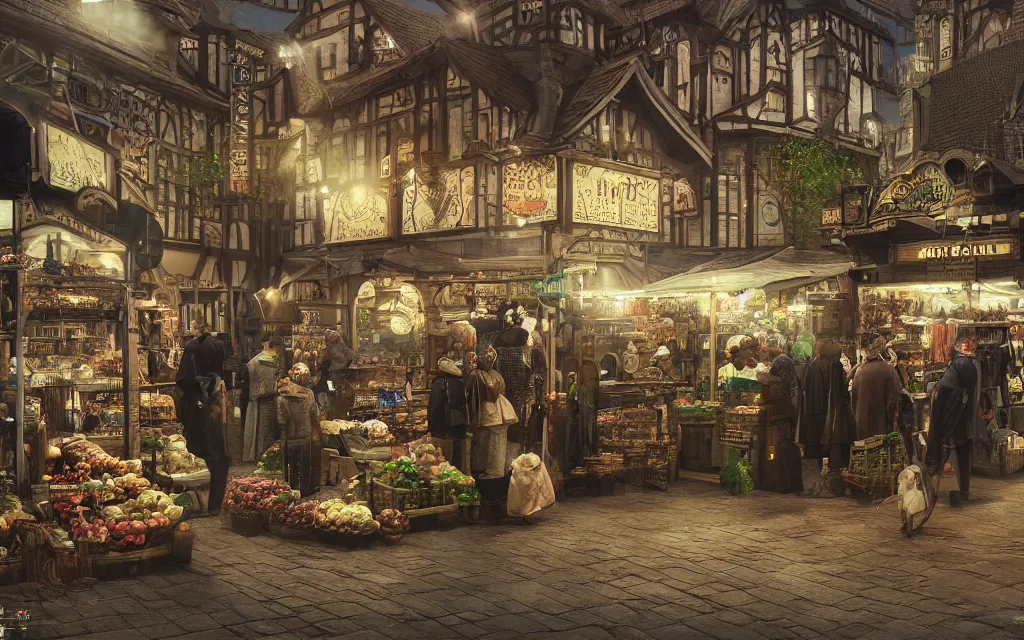 Image similar to at the market of a medeveil english town highly detailed, cinematic lighting, render, fantasy