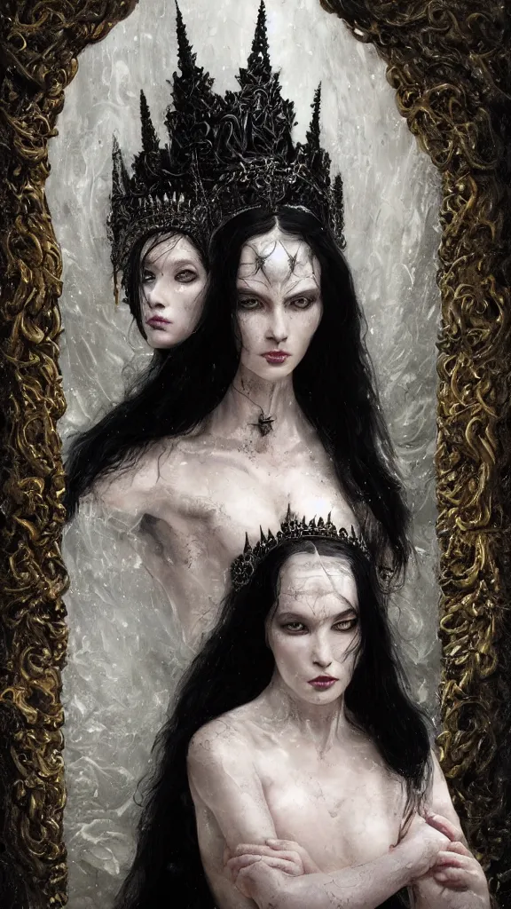 Prompt: a beautiful black haired woman with pale skin and a crown on her head sitted on an intricate metal throne, intimidating woman, large black eyes, high forehead, smooth pale skin, ethereal skin, ominous, eldritch. oil painting by nuri iyem, james gurney, james jean, greg rutkowski, highly detailed, soft lighting, chiaroscuro