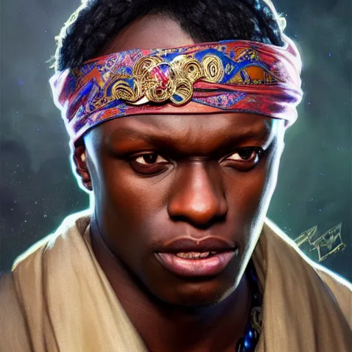 Image similar to KSI wearing a bandana, closeup, D&D style, fantasy, intricate, elegant, highly detailed, digital painting, artstation, concept art, matte, sharp focus, illustration, art by Artgerm and Greg Rutkowski and Alphonse Mucha