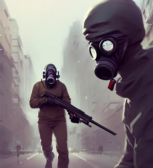 Prompt: a man wearing gas mask, holding shotgun, running on the street full of people, no one notice him. concept art by rossdraws, james jean, andrei riabovitchev, marc simonetti, sakimichan, trending on artstation