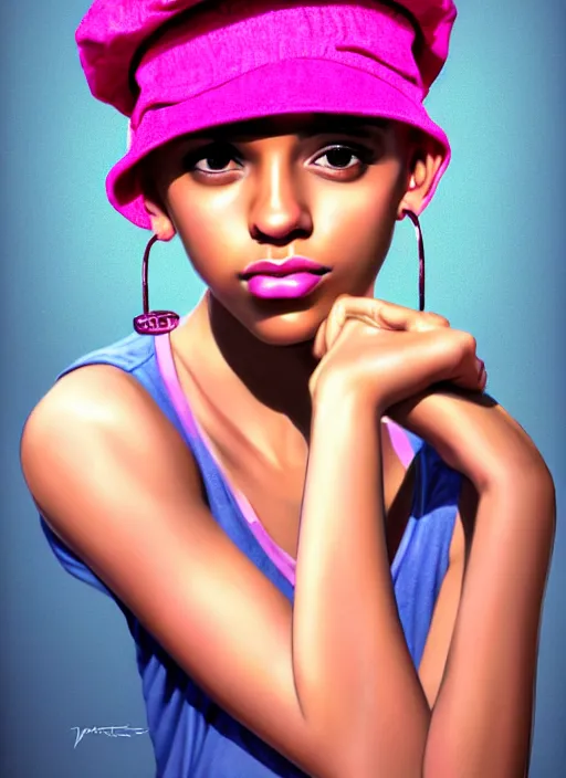 Prompt: portrait of teenage vanessa morgan with bright pink hair, black girl, curly pixie cut hair, wearing newsboy cap, pink short haircut, newsboy cap, hoop earrings, blue eyes, intricate, elegant, glowing lights, highly detailed, digital painting, artstation, concept art, smooth, sharp focus, illustration, art by wlop, mars ravelo and greg rutkowski