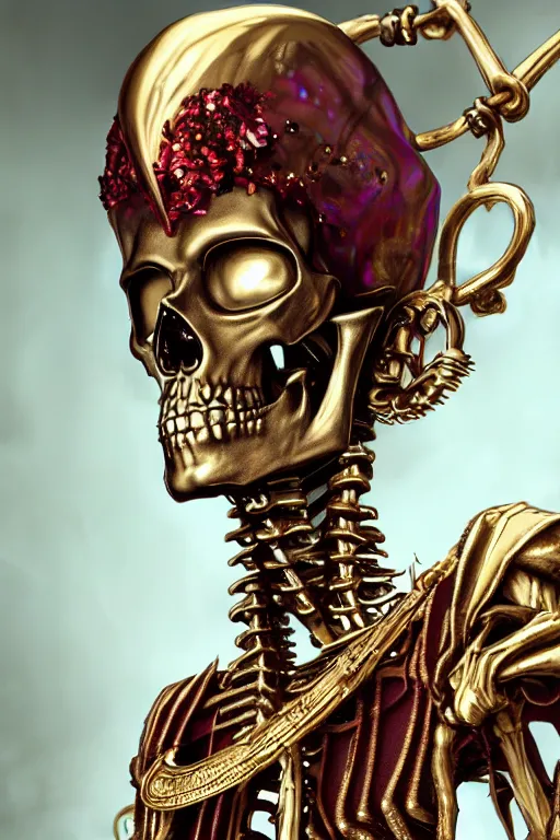 Prompt: androgyne lich skeleton made of iridescent metals and shiny gems covered with blood, long red hair, golden necklace, skeleton inspired by ross tran and wlop and masamune shirow, ultra realistic, concept art, intricate details, highly detailed, photorealistic, octane render, 8 k, unreal engine. dnd art by artgerm and greg rutkowski and alphonse mucha