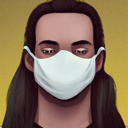 Image similar to professional digital art of a young adult man with slightly long hair wearing a black face mask and an oversized dark sweatshirt and dark sweatpants, high quality, HD, 8K, highly detailed, award-winning, sci-fi, fantasy, movie, show, tv series, actor, character