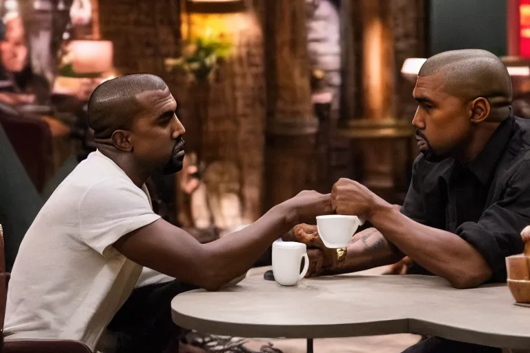 Prompt: Kanye West and Kim Kardashian (2018) are best friends, drinking coffee at central perk, still photo, hyperrealistic, highly detailed, 35mm, 8k, by weta digital