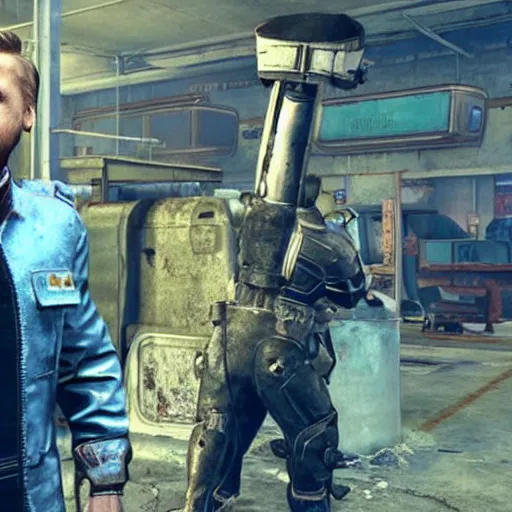 Image similar to ryan gosling in fallout 4 is wearing a raider costume