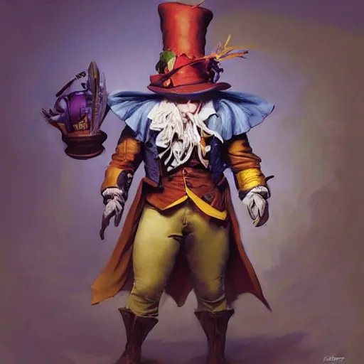 Image similar to greg manchess portrait painting of partially armored mad hatter from alice in wonderland as overwatch character, wacky, medium shot, asymmetrical, profile picture, organic painting, sunny day, matte painting, bold shapes, hard edges, street art, trending on artstation, by huang guangjian and gil elvgren and jesper ejsing