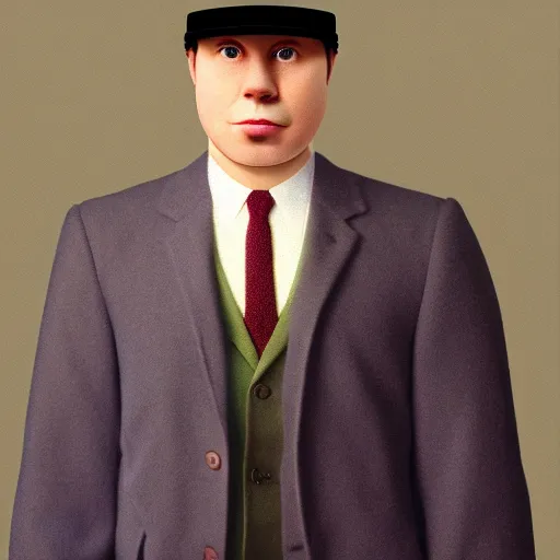 Prompt: portrait of a man wearing pants hat, realphoto render by rene magritte