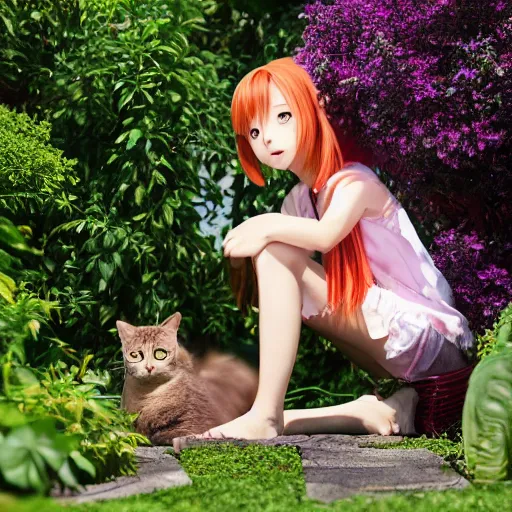 Prompt: anime girl with cat sitting in garden on hot summer, 8k, high quality,