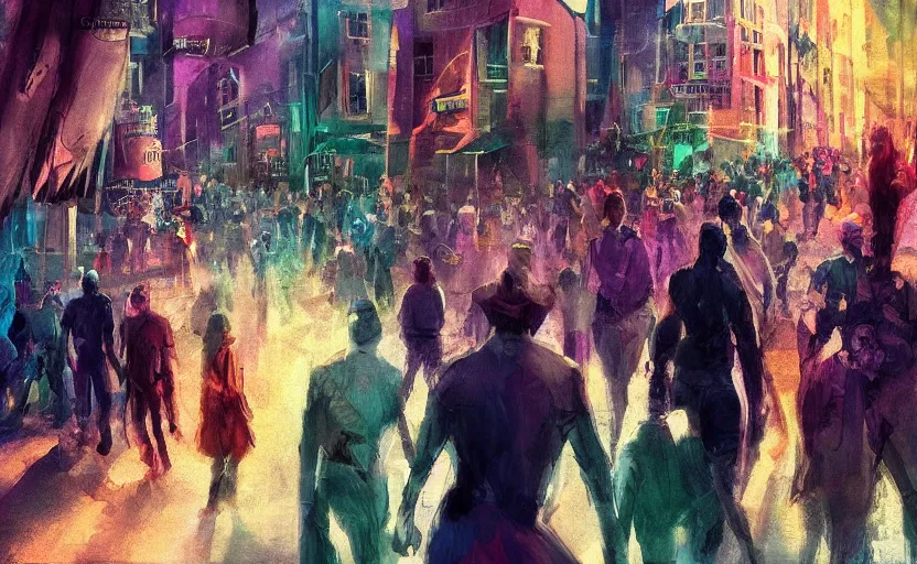 Image similar to In the dream, I walked closer to the city and saw that it was full of people who were all different colors. They were walking around, going about their business, and I felt like I was intruding on their world. I didn't want to be there, but I couldn't leave. trending on artstation