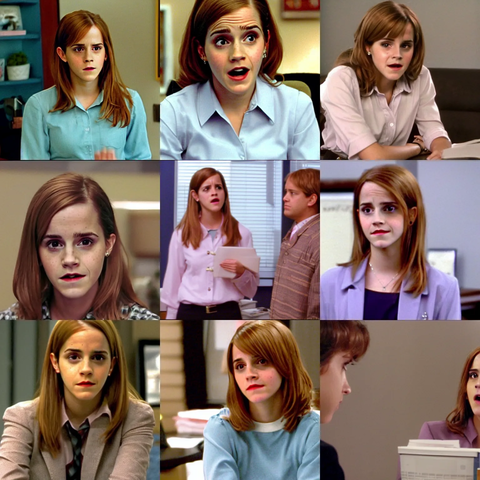 Prompt: emma watson as pam beasley from the office (2002) screenshot from the office (2002)