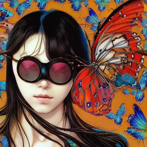 Prompt: portrait of crazy girl with butterfly sunglasses, symmetrical, by yoichi hatakenaka, masamune shirow, josan gonzales and dan mumford, ayami kojima, takato yamamoto, barclay shaw, karol bak, yukito kishiro