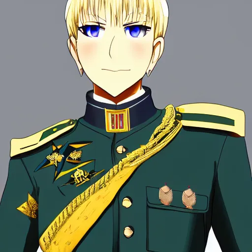 Image similar to full body portrait of saber from fate / stay night as a dictator in full military uniform with way too many medals, highly detailed, trending on artstation, 4 k, drawn by wpl