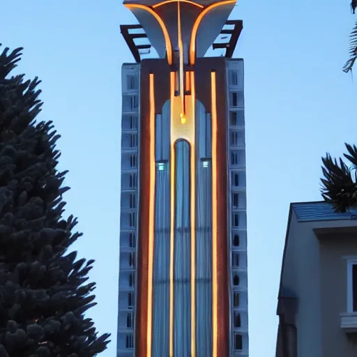 Image similar to glowing art deco tower