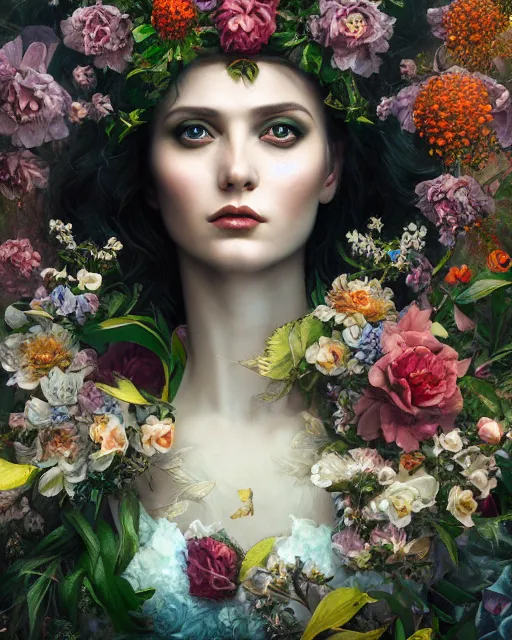 Image similar to portrait of the ukrainian queen of the underworld, surrounded by flowers by karol bak, james jean, tom bagshaw, rococo, sharp focus, trending on artstation, cinematic lighting, hyper realism, octane render, 8 k, hyper detailed.