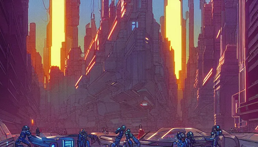 Image similar to metahumans and androids holding laser canons, fractals, cyberpunk city street, visual development by jean giraud and moebius, incal!!!!!!, dynamic lighting, daylight