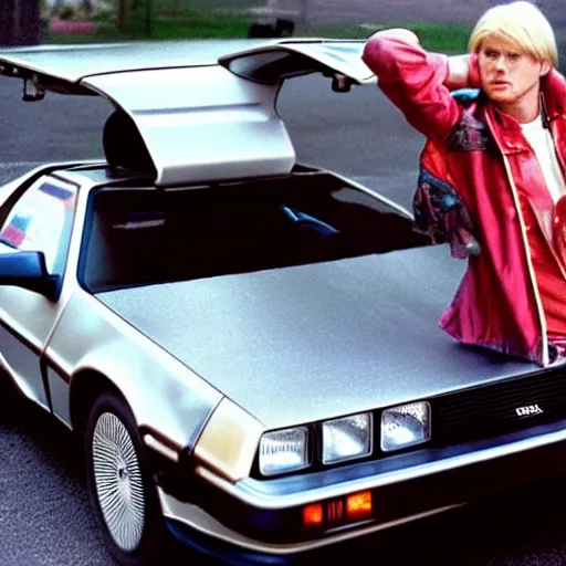 Prompt: Marty McFly listening to music with the Delorean, 80s style