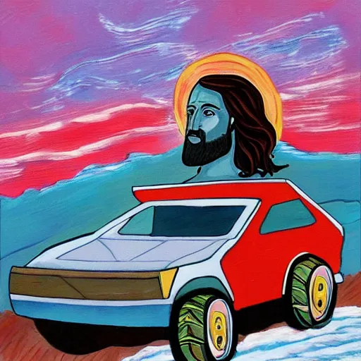 Image similar to painting of jesus christ driving a car