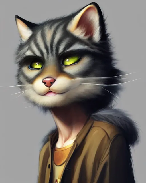 Image similar to character concept art of a young male anthropomorphic furry cat | | cute - fine - face, pretty face, key visual, realistic shaded perfect face, fine details by stanley artgerm lau, wlop, rossdraws, james jean, andrei riabovitchev, marc simonetti, and sakimichan, trending on artstation