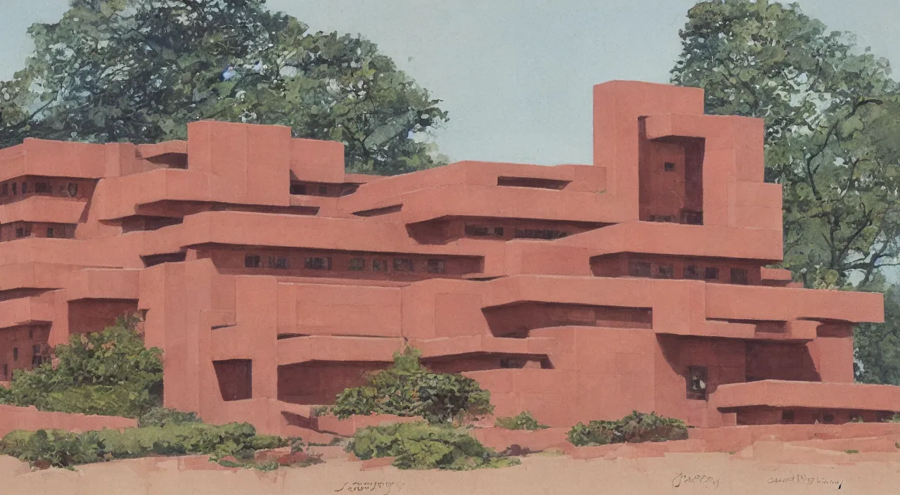 Image similar to gouache by james gurney. building designed by frank lloyd wright