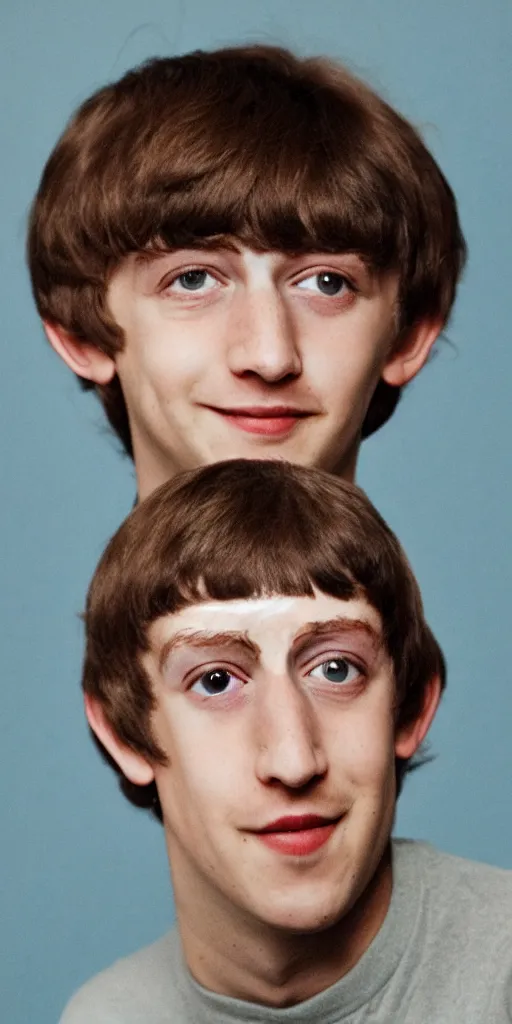 Image similar to Marc Zuckerberg with Beatles hair bowl cut with face painted bright white raising one eye brow