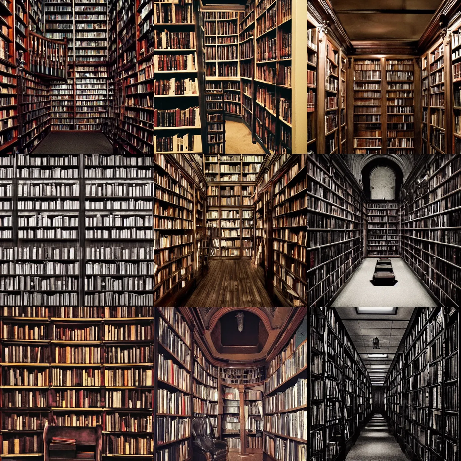 Prompt: dark library, shelves filled with books, atmospheric, dark, gloomy, terror, horror, shadows