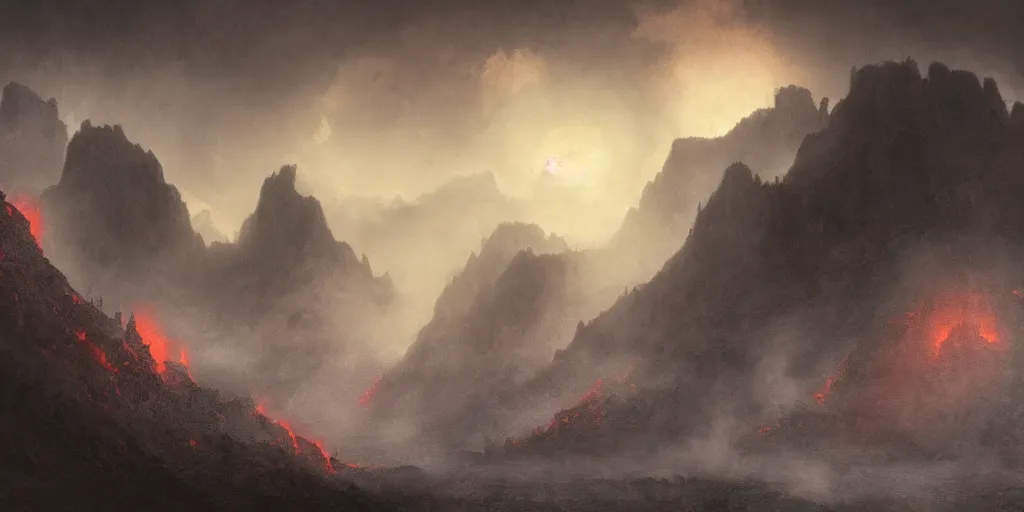 Prompt: ancient horror fantasy background, cliffs and peaks, foggy and lava light source