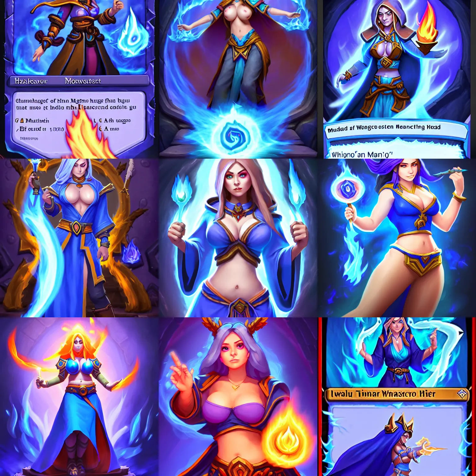 Prompt: Who : a female mage with a blue robe casting a fire spell; Physical : tinyest midriff ever, largest haunches ever, fullest body, small head, SFW huge breasts; Mega important : Hearthstone official splash art, SFW, perfect master piece, award winning