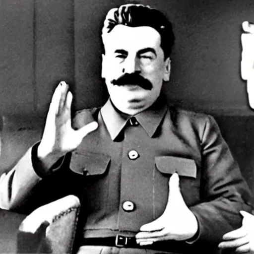 Image similar to stalin shows hand to burger