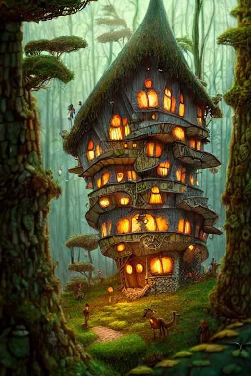 Image similar to a storybook illustration of a ramshackle multistory fairytale hut in the forest, intricate, elegant, fantasy, highly detailed, digital painting, concept art, sharp focus, artstation, in the style of a Wes Anderson movie