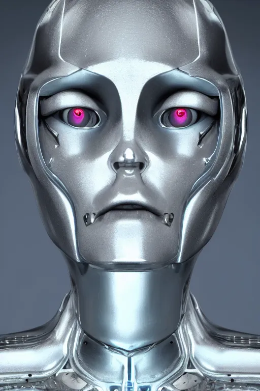 Prompt: humanoid creature with a chrome body made from gray jelly smooth face, cyberpunk, realistic, high definition, many details, symmetrical face, realistic eyes, unreal engine art 5