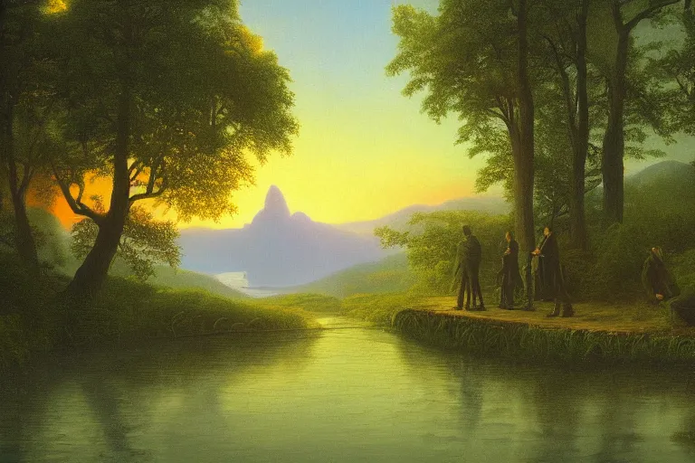 Prompt: the matrix film vista painted in style of hudson river school