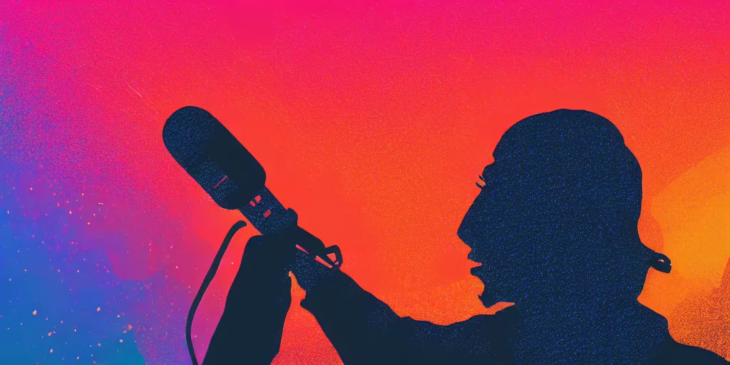 Prompt: rapping into microphone, silhouette, huge crowd, outrun, psychedelic hip hop, simple shapes, trending on Artstation, professional artist, detailed, 4k