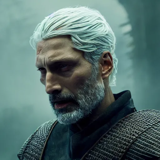 Prompt: mads mikkelsen as gerald the witcher doing igni, fire, concept art, high definition, professional photography, 8 k